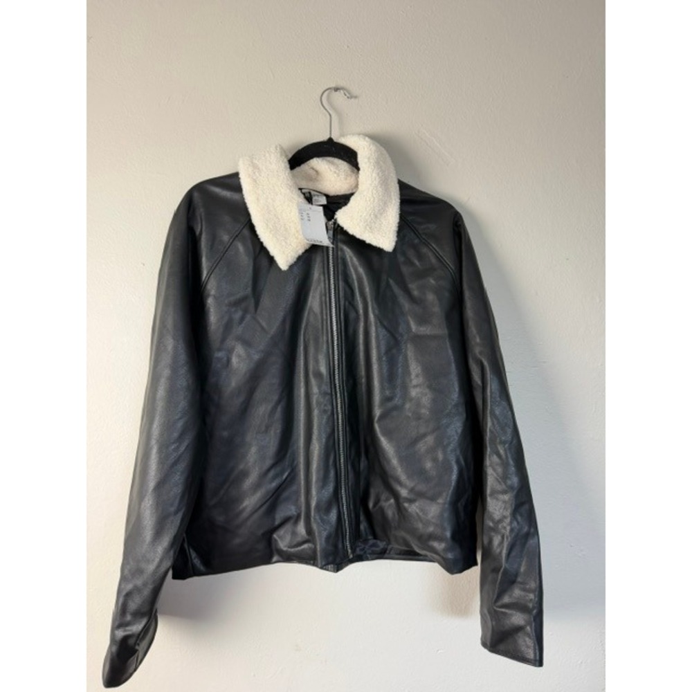 HM Divided Faux Leather Bomber Jacket Black Cream Faux Shearling Collar Mens XL